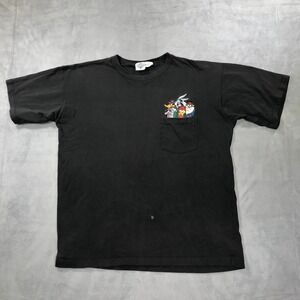 Vintage ACME Looney Tunes Pocket T-Shirt Bugs Taz Daffy Mens L Black Grunge 90s